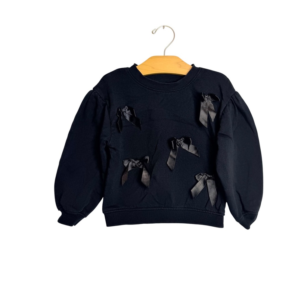 H&M Girls Black Bow Applique Puff Sleeve Sweatshirt Size 5T/6 Fleece Pullover